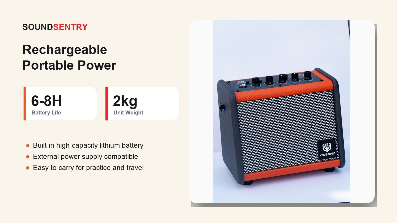QG-15 portable guitar amplifier shown with rechargeable power information