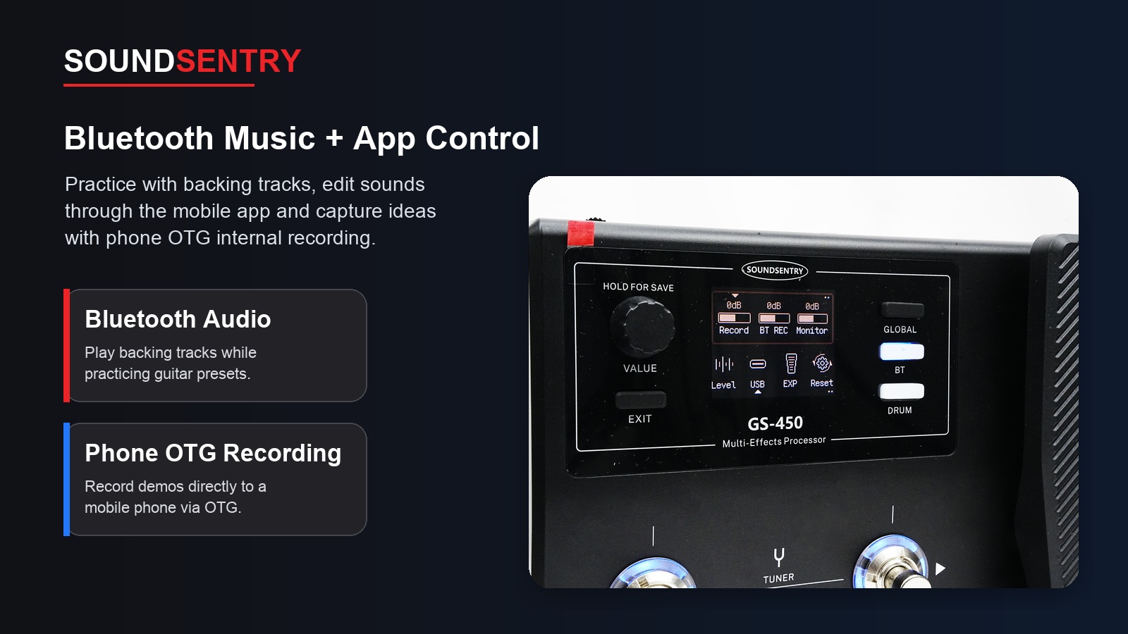 GS-450 Bluetooth app control and OTG recording functions