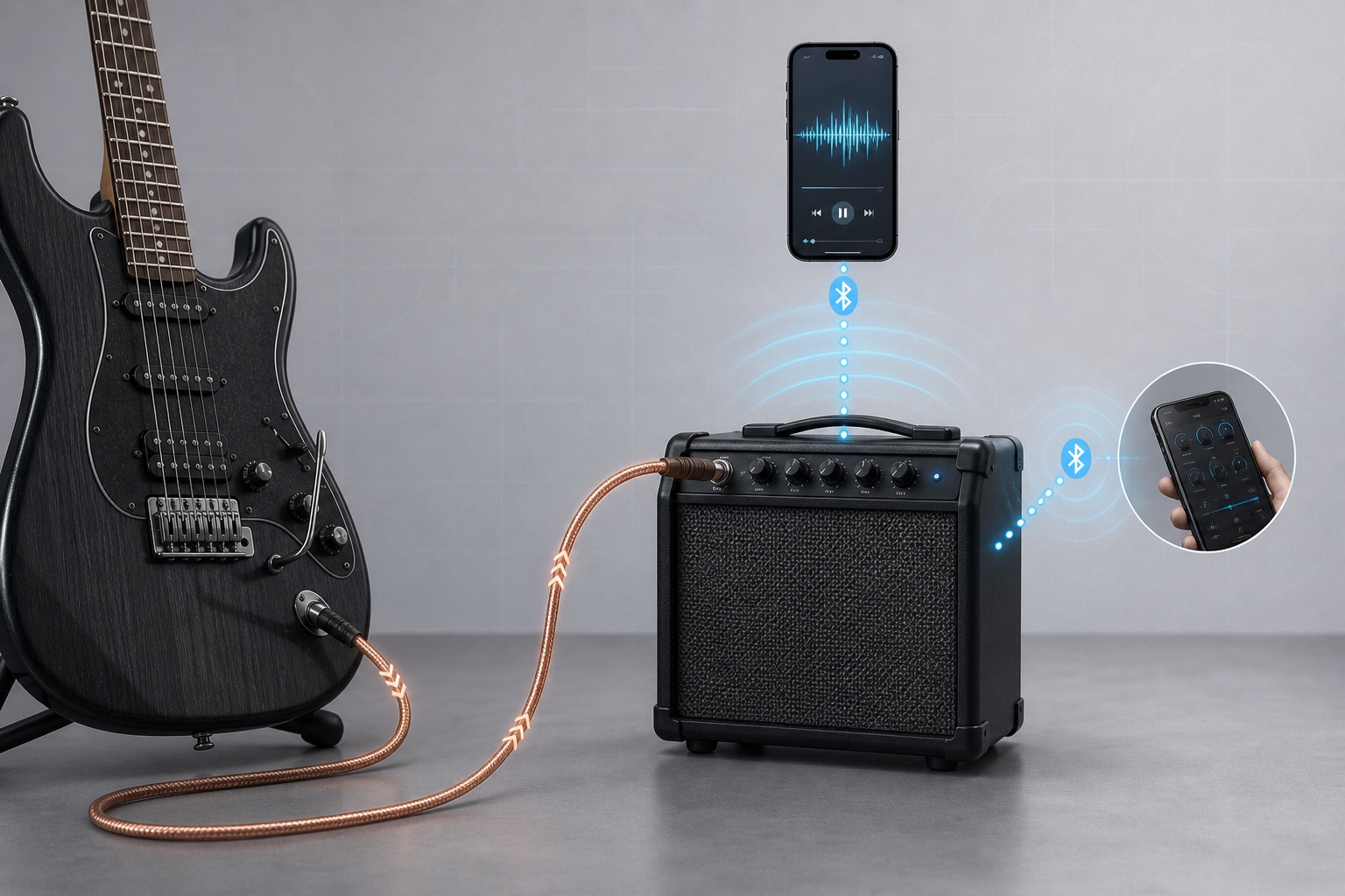Separate wired guitar, Bluetooth playback and app-control signal paths