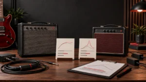 Two unbranded compact guitar amplifiers compared with specification cards and a buyer checklist