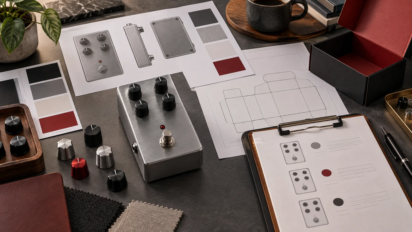 Unbranded pedal prototype with enclosure artwork, color references, packaging dieline and revision record