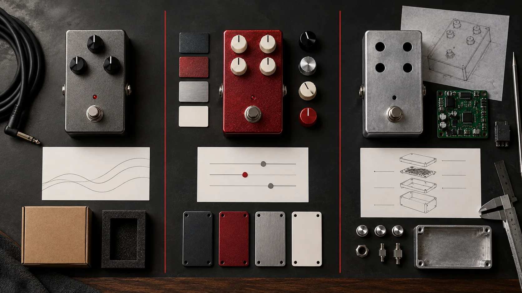 Three sourcing paths for guitar pedals: existing platform, configured platform and ODM development