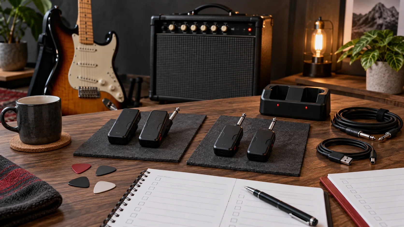 Two wireless guitar system sets arranged with charging accessories and observation sheets