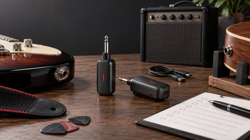 Wireless guitar system sample approval checklist with transmitter, receiver, and test notes