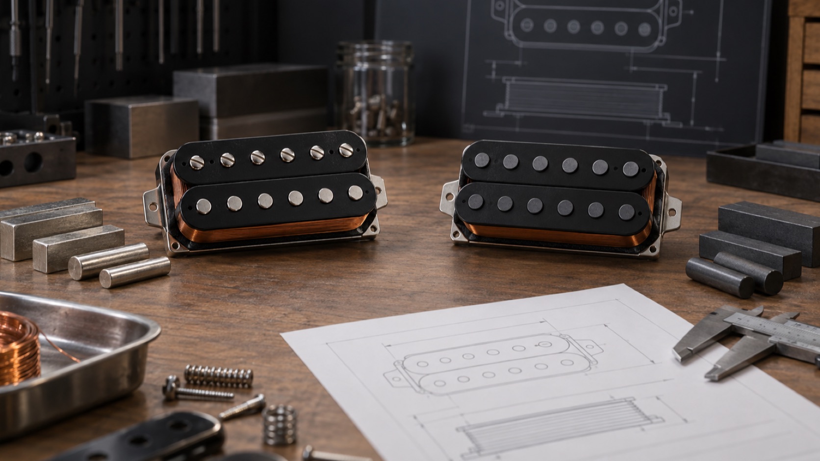 Alnico and ceramic guitar pickup platforms compared on an OEM development bench