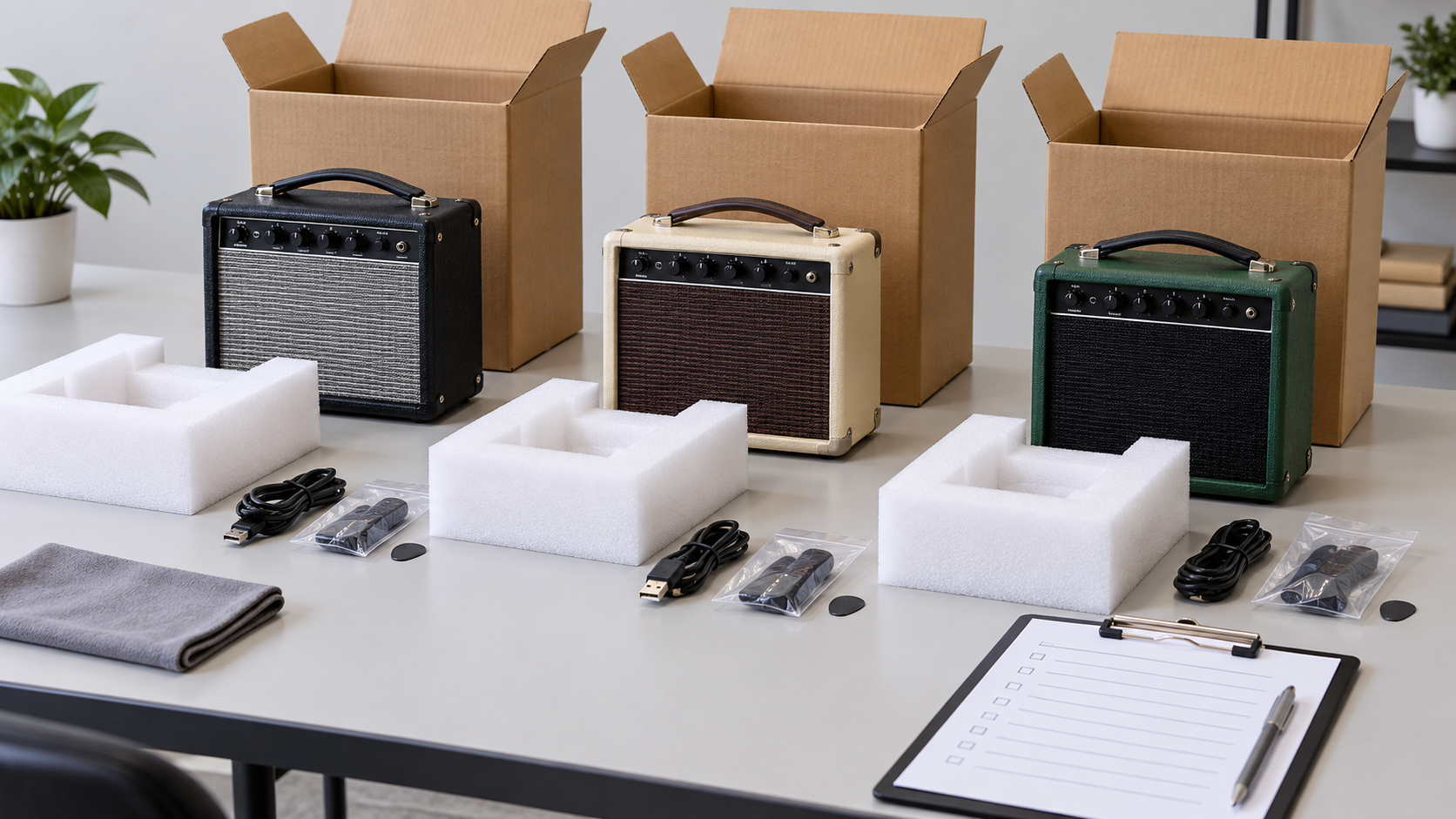 Illustrative pre-shipment check of portable amplifiers, cartons and accessory lists