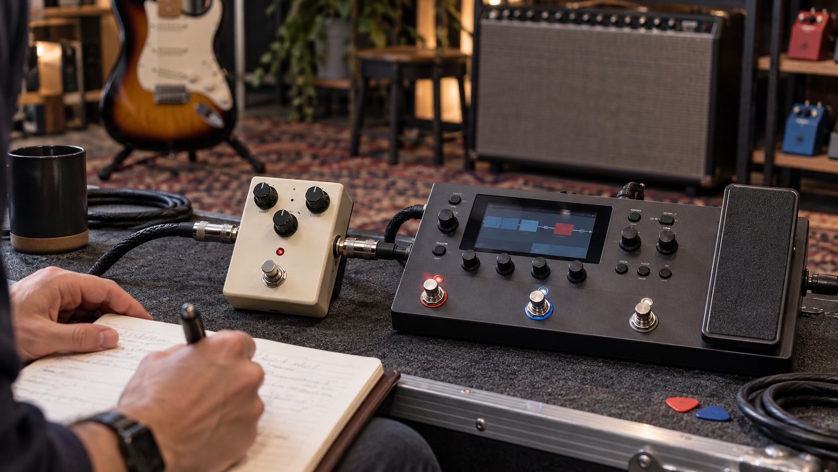 Buyer comparing an analog-style stompbox with a digital multi-effects processor