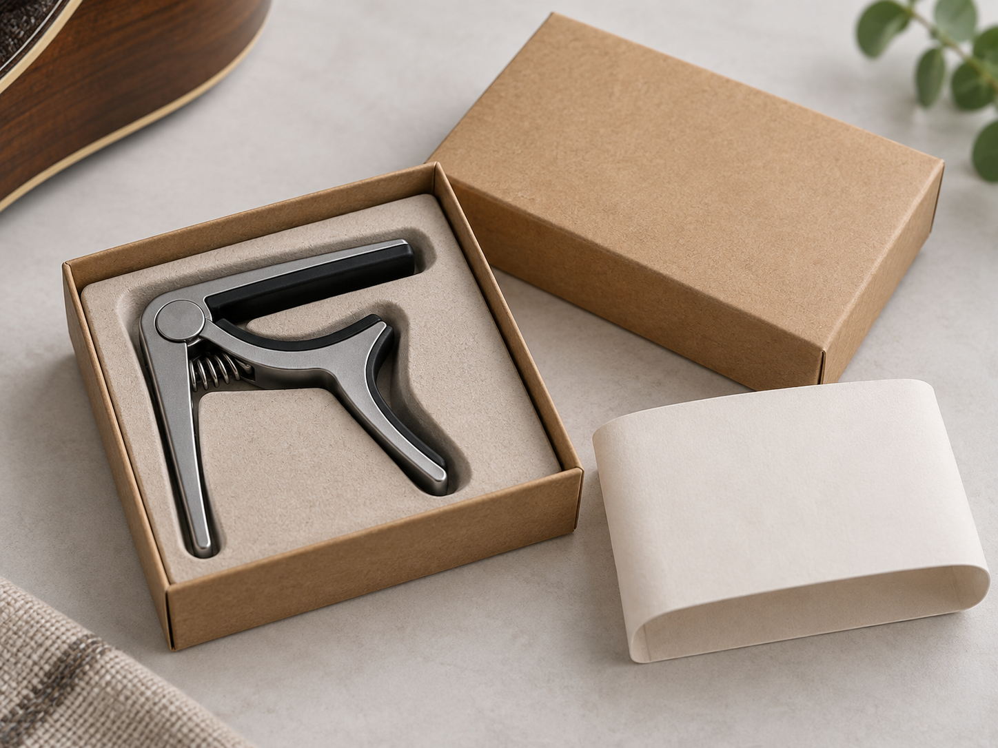 Illustrative plain retail packaging concept for a guitar capo