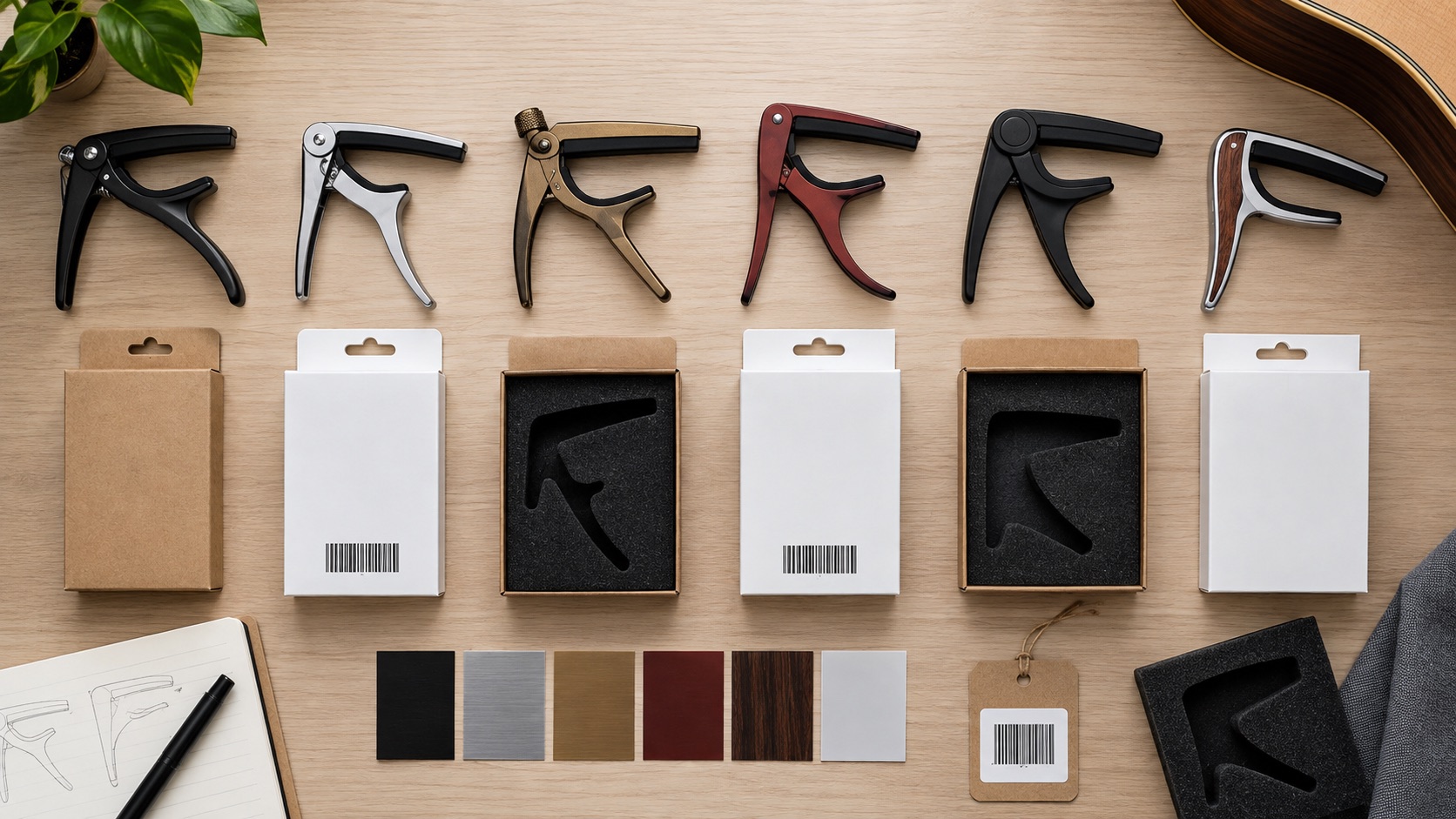 Capo assortment arranged with blank retail packaging and finish samples