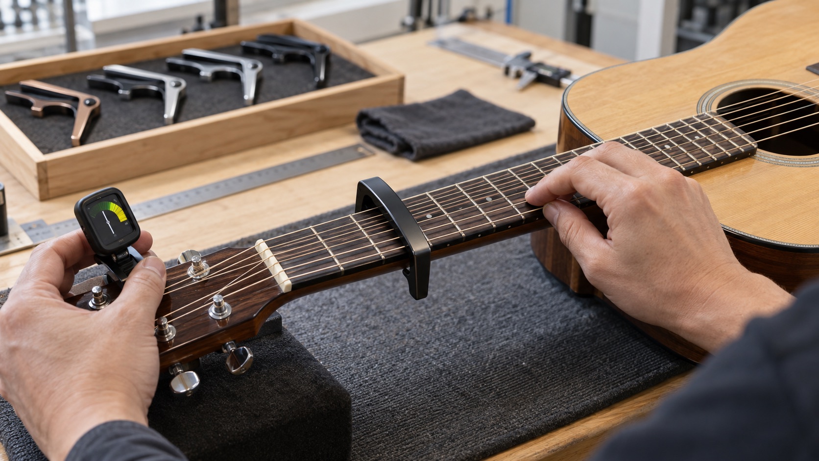 Technician checking capo tuning stability and string pressure on an acoustic guitar