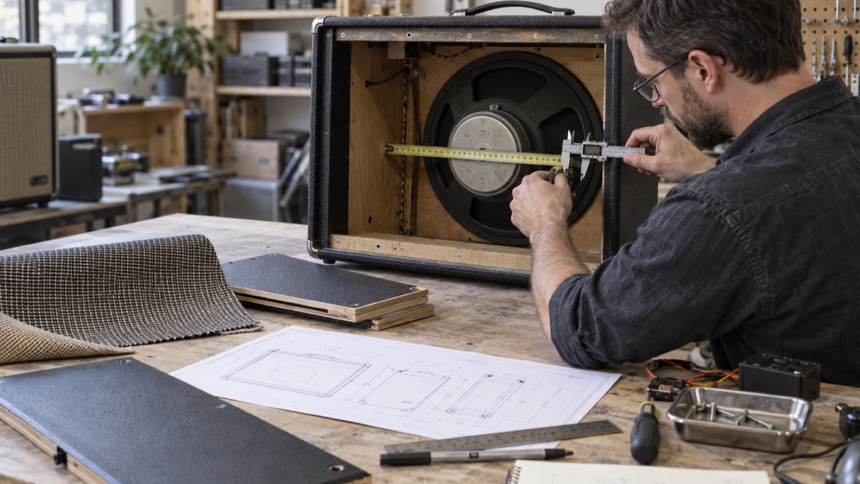 Technician measuring a guitar combo amplifier cabinet and speaker installation