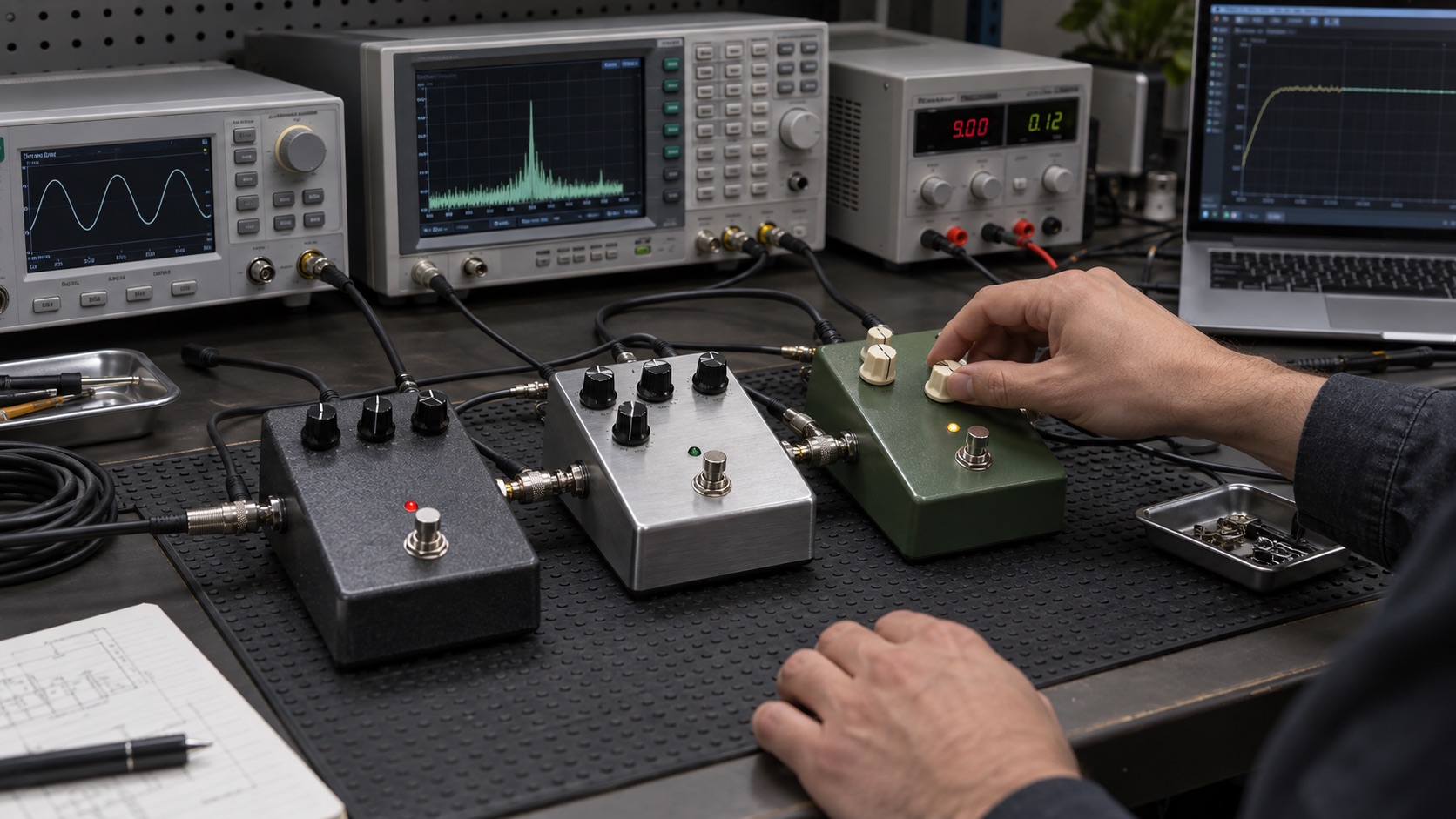 Three guitar effects pedals connected to audio analysis and power equipment for noise and bypass testing