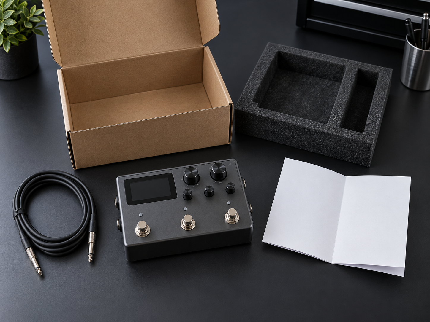Illustrative packaging and documentation review for a multi-effects pedal