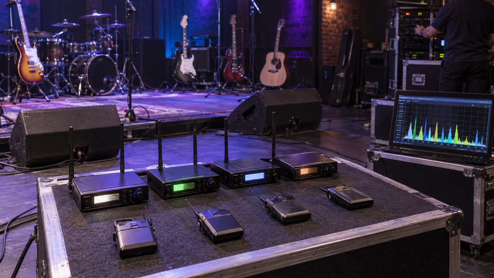 Several wireless instrument systems undergoing a coordinated multi-unit test in a rehearsal venue