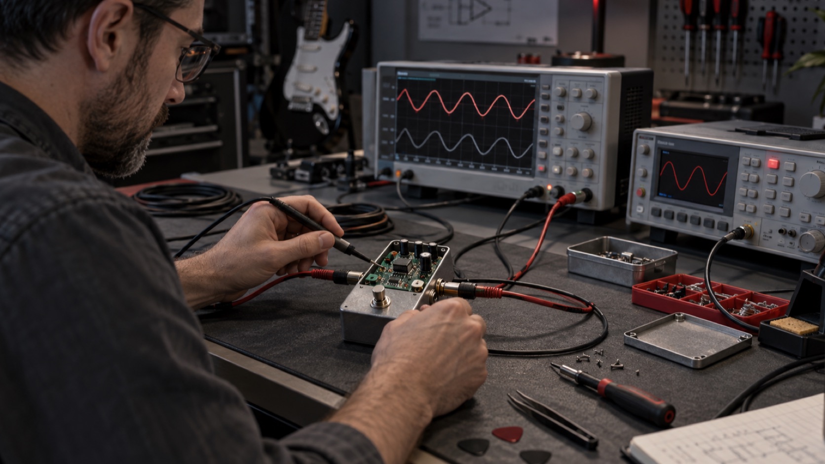 Technician measuring a guitar pedal buffer circuit with controlled test equipment