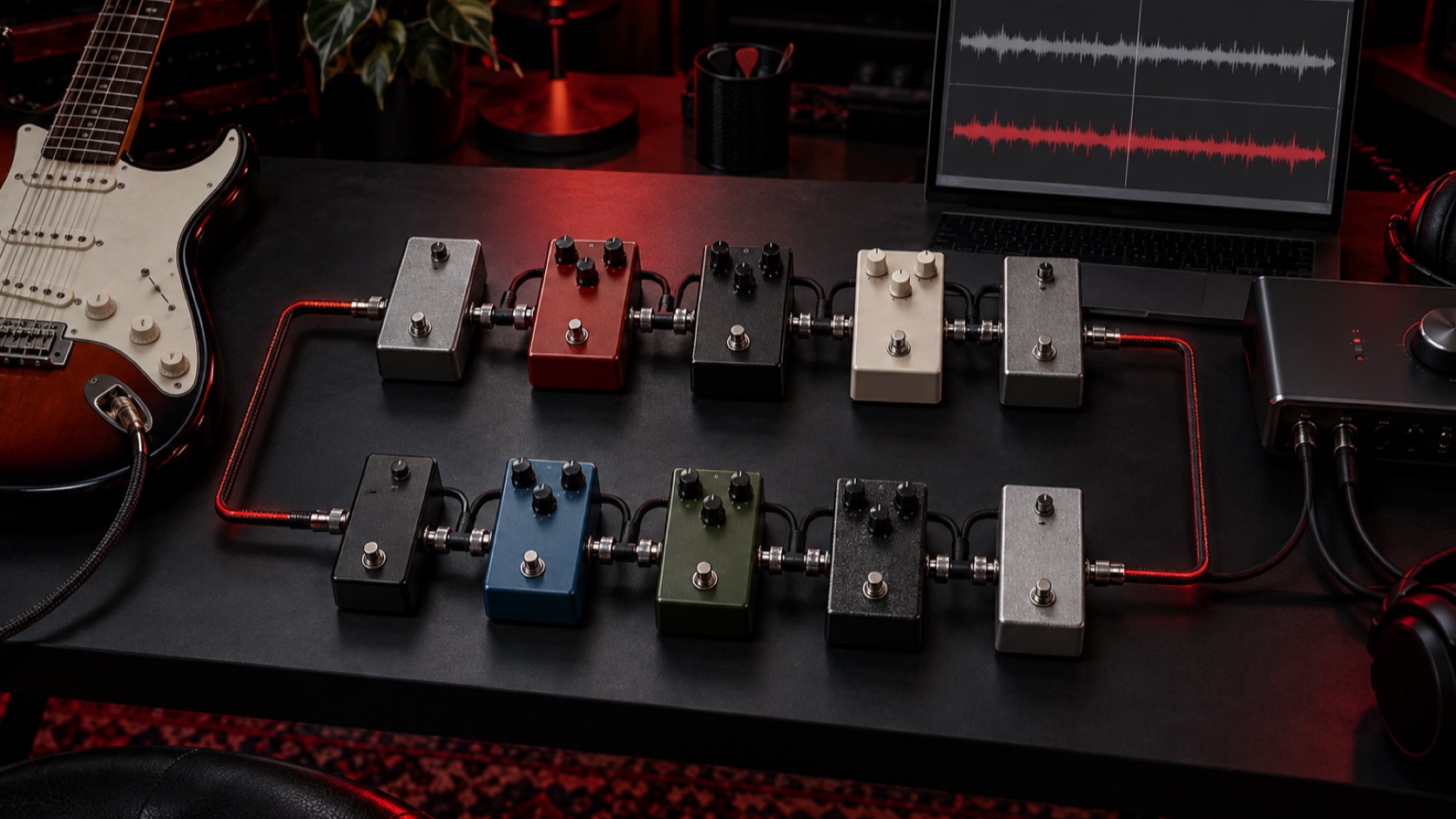 True bypass and buffered bypass guitar pedal signal chains compared on a test bench