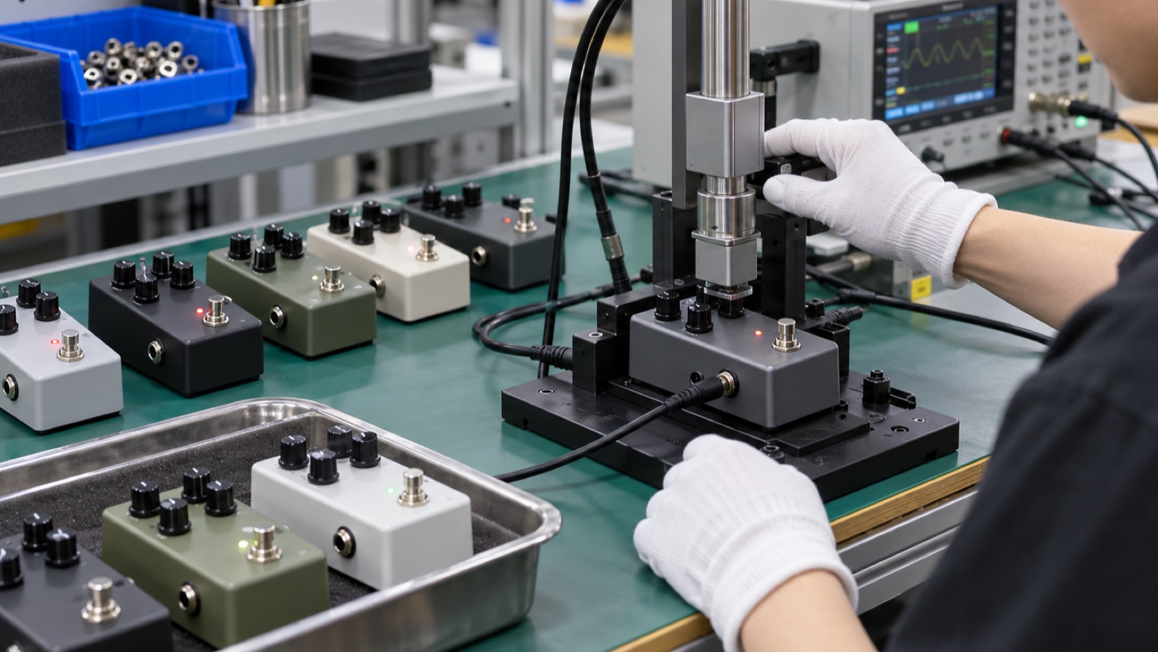 Multiple private-label guitar pedals undergoing footswitch and functional batch inspection