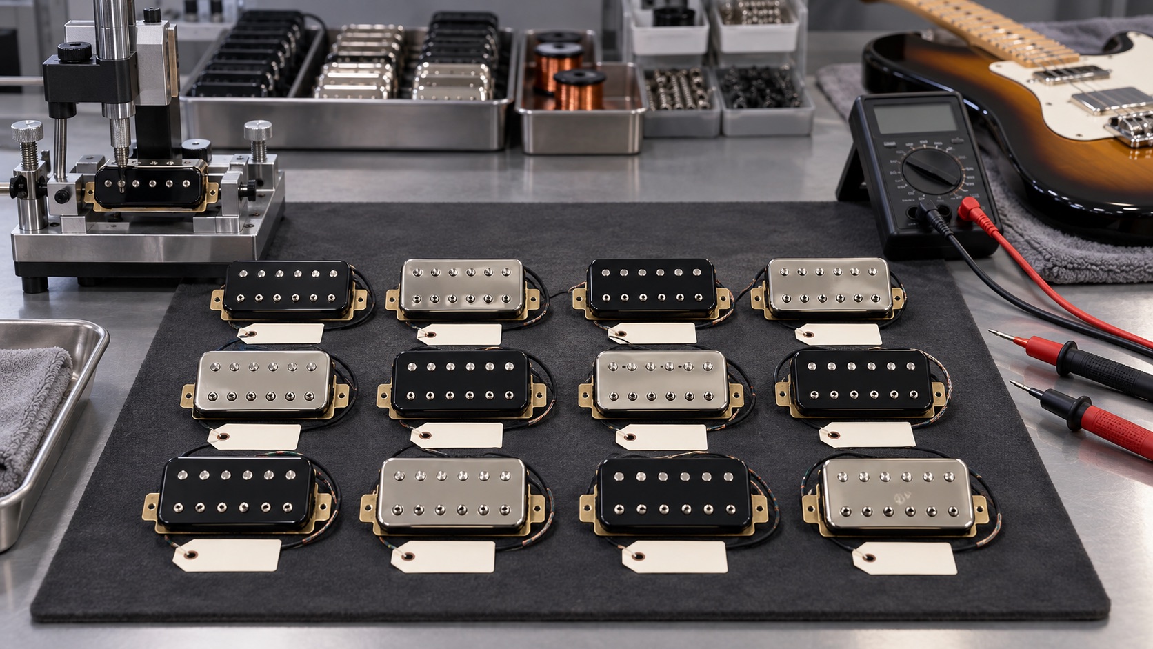 Multiple OEM guitar pickups arranged for batch measurement and consistency inspection