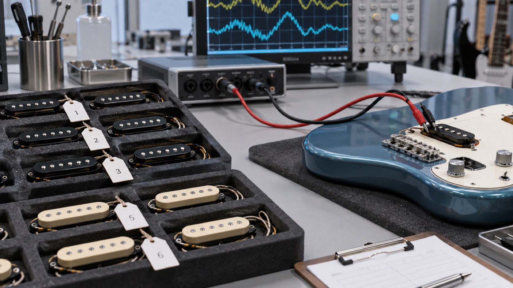 Multiple OEM guitar pickups prepared for batch signal and consistency testing