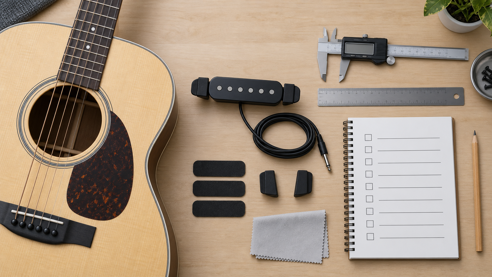 Acoustic guitar pickup, measurement tools and compatibility worksheet prepared for review