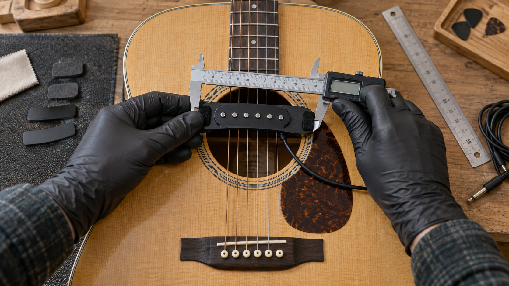 Technician measuring sound-hole fit, string clearance and mounting contact on a sample guitar