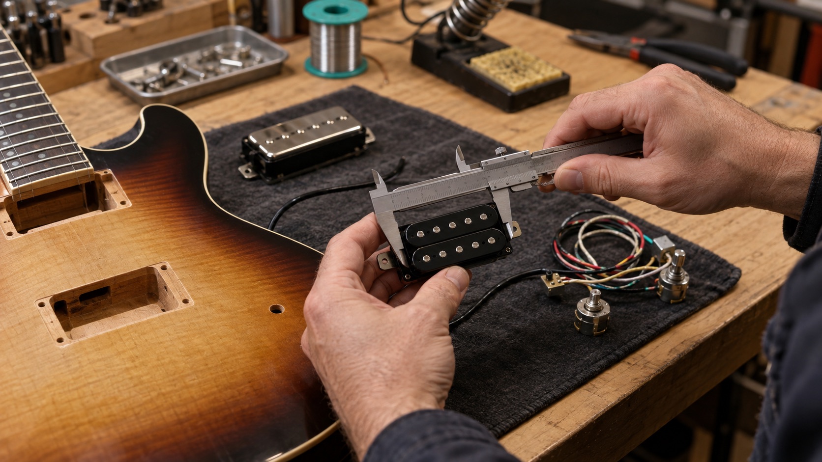 Technician measuring pickup dimensions and checking wiring fit in an OEM guitar body