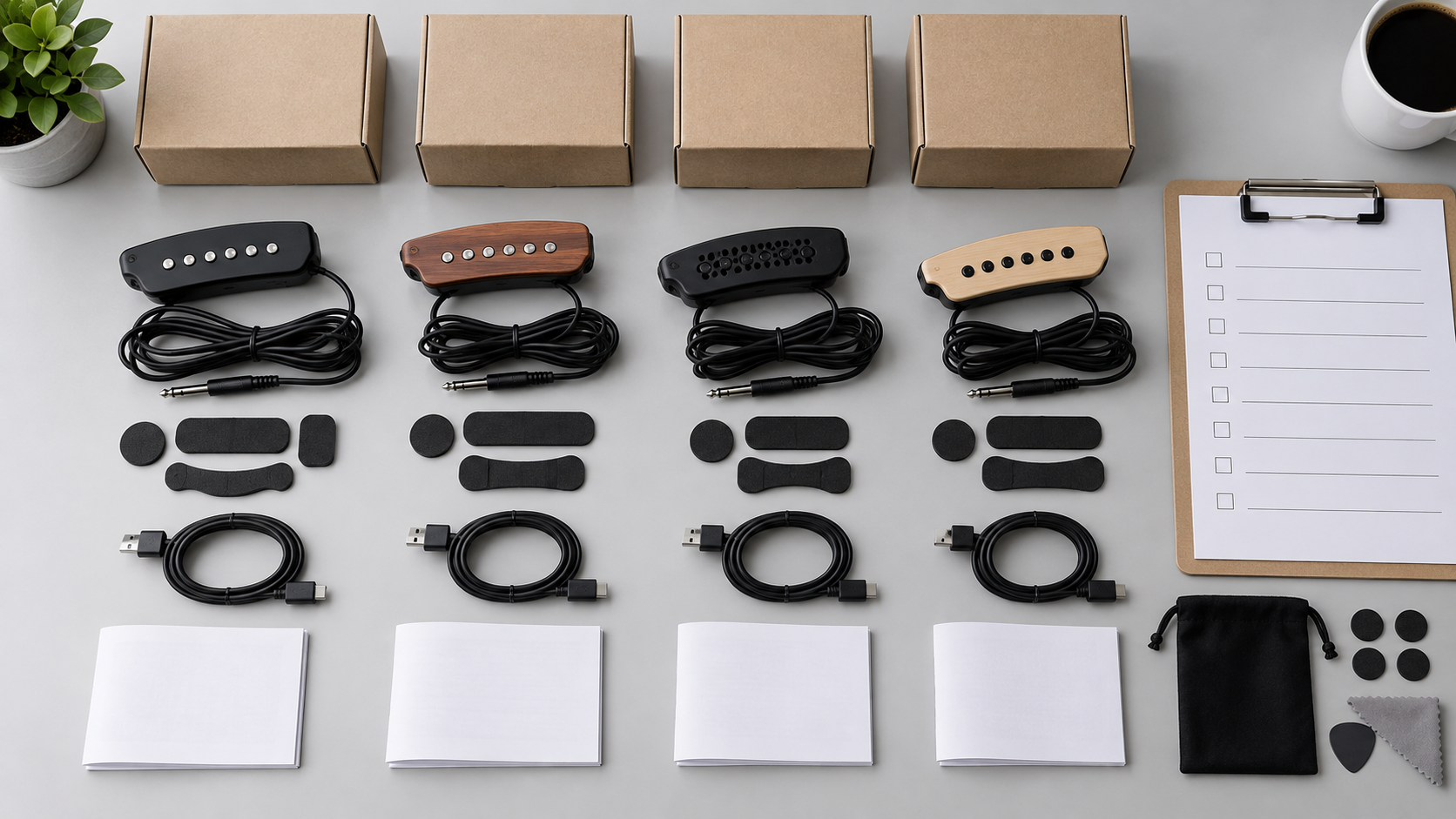 Pickup samples, mounting accessories and packaging arranged for a pre-shipment configuration check