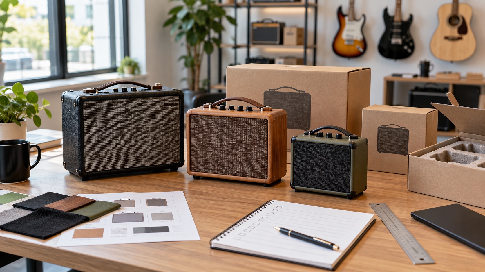 Three portable guitar amplifier formats arranged with packaging and assortment-planning materials