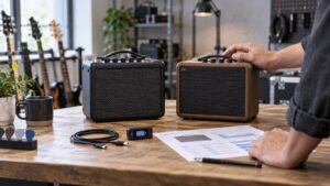 Buyer comparing two compact rechargeable guitar amplifiers and charging specifications