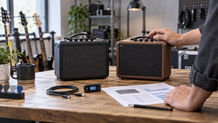 Buyer comparing two compact rechargeable guitar amplifiers and charging specifications