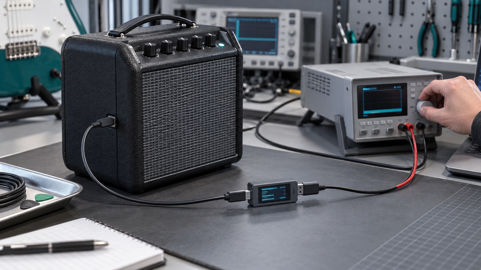 Rechargeable guitar amplifier connected to safe charging and measurement equipment during sample evaluation