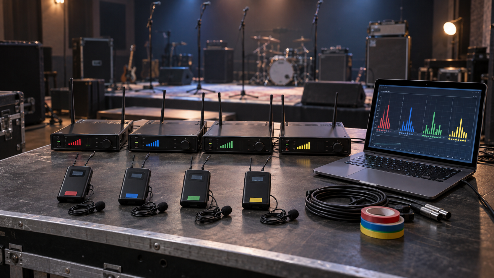 Technician testing several labeled wireless systems on a small stage with a channel plan