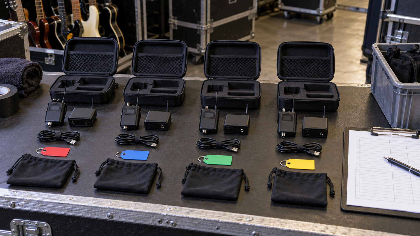 Labeled wireless guitar kits, charging cases and accessory checklists prepared for fleet packing
