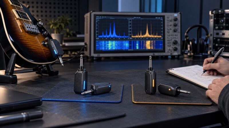 Two wireless guitar systems compared beside an instrument and radio test equipment