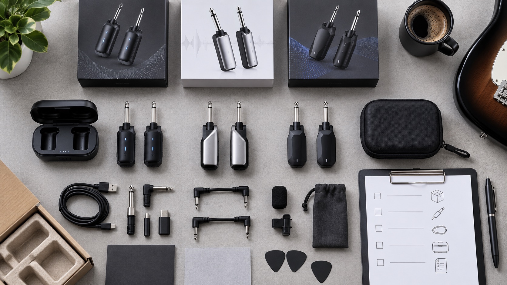 Wireless guitar system sample kit with charging accessories, packaging and an inspection checklist