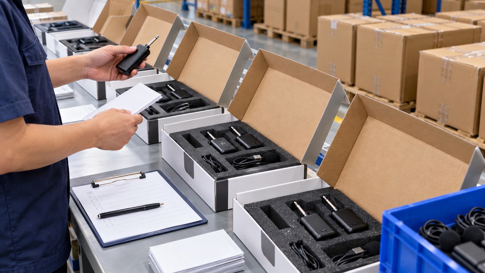 Wireless guitar system kits checked with packaging during pre-shipment inspection
