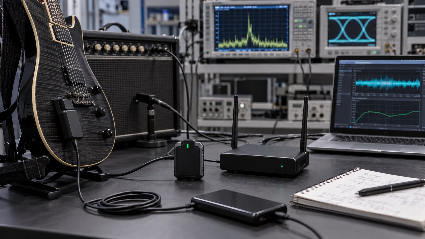 Wireless guitar transmitter and receiver undergoing RF and audio functional testing
